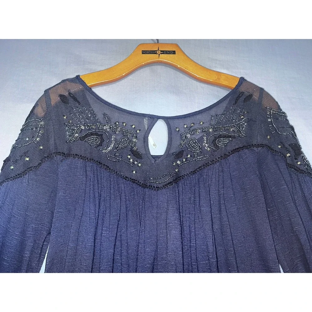 Free People Navy Blue Beaded Sequin Mesh Yoke Long Sleeve Flowy Blouse XS Boho